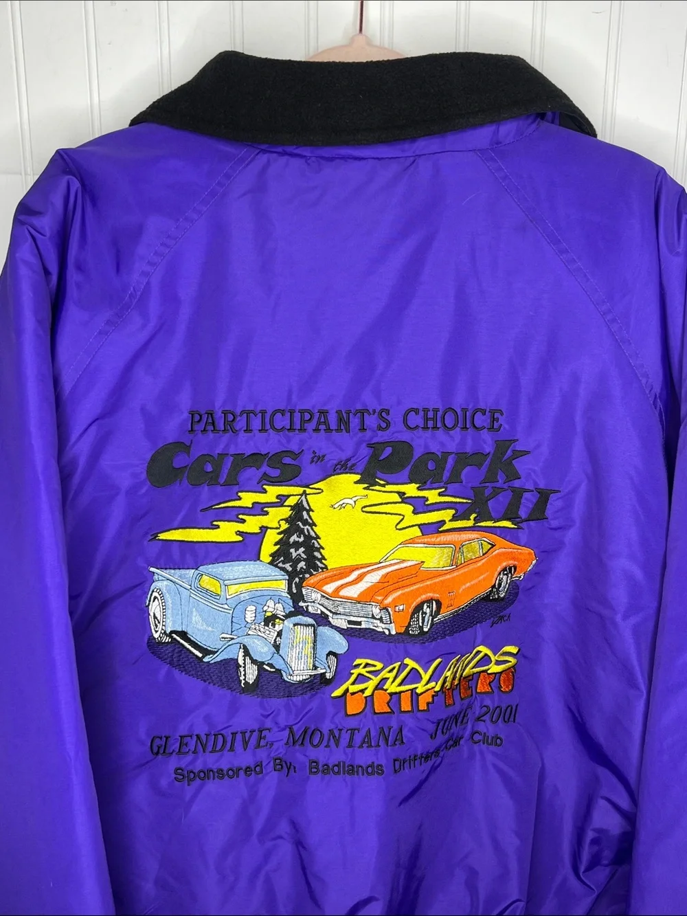 Purple Bomber Jacket with Vintage Car Embroidery